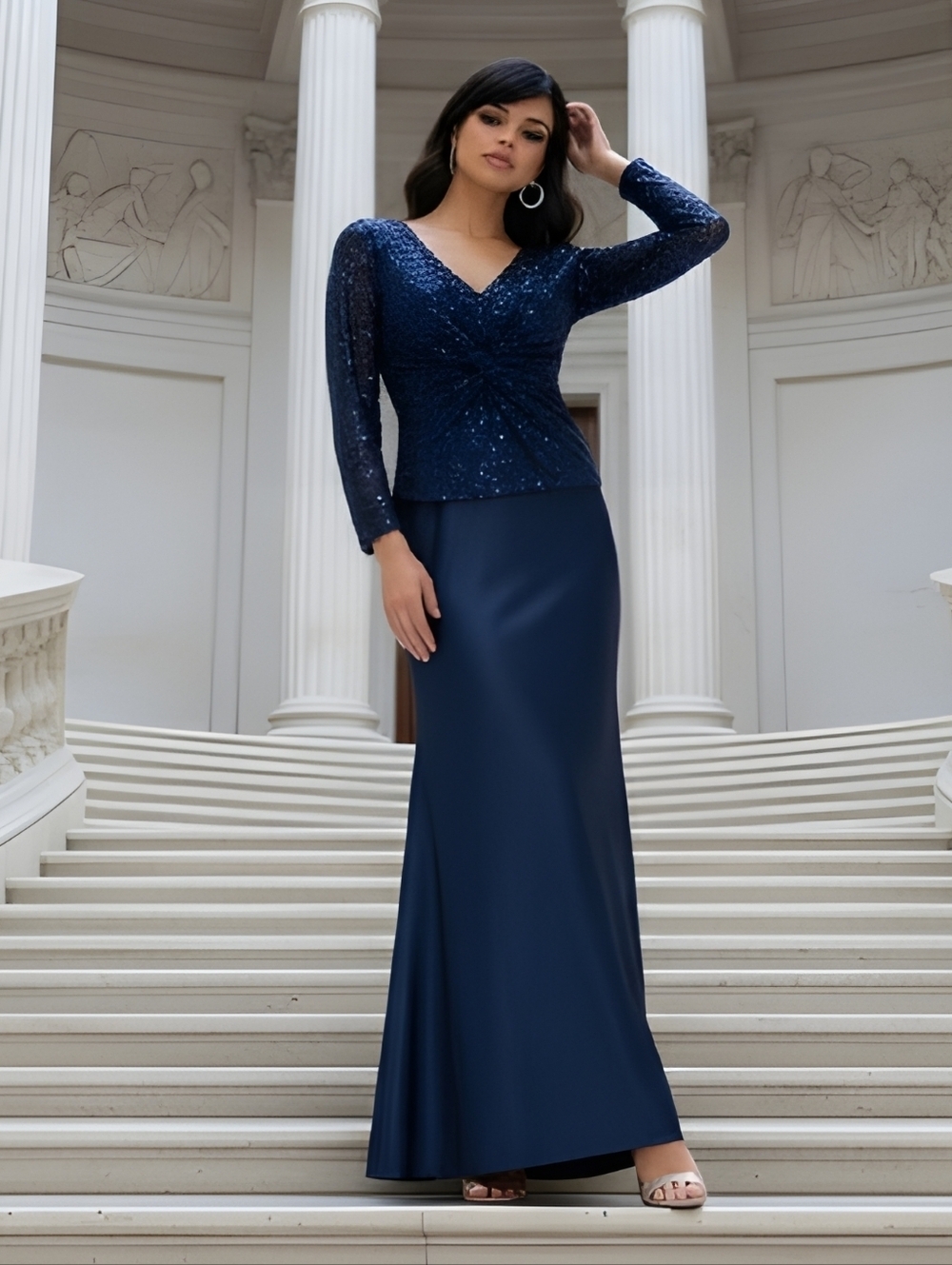 MARINA Maxi Dress Navy Blue Semi Formal Sequin Over Jacket Size Small